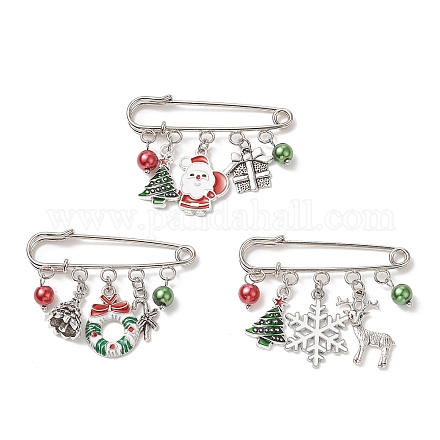 3 Stück 3 Stile Weihnachtsbaum & Kranz & Weihnachtsmann & Legierung Emaille Charms Sicherheitsnadel Brosche JEWB-TA00011-1