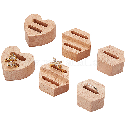 OLYCRAFT 6 Pcs Wood Ring Display Stands Hexagon Heart Wood Jewelry Display Stand Ring Organizer Display Riser for Ring Organization 2.2~3.6x3.8~4.2x2cm RDIS-OC0001-04-1