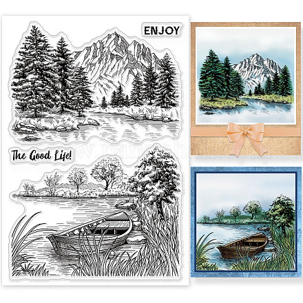 GLOBLELAND Mountains Forest Background Clear Stamps Tree River Lake Boat Landscape Silicone Clear Stamp Seals For Cards Making DIY Scrapbooking Photo Journal Album Decoration DIY-WH0167-56-1146-1
