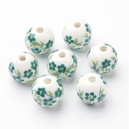 12mm Round Sea Green Handmade Printed Porcelain Beads X-PORC-Q201-12mm-2-1