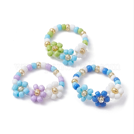 3 pièces 3 ensembles d'anneaux extensibles en perles de verre de couleur. anneaux empilables de fleurs RJEW-JR00617-1