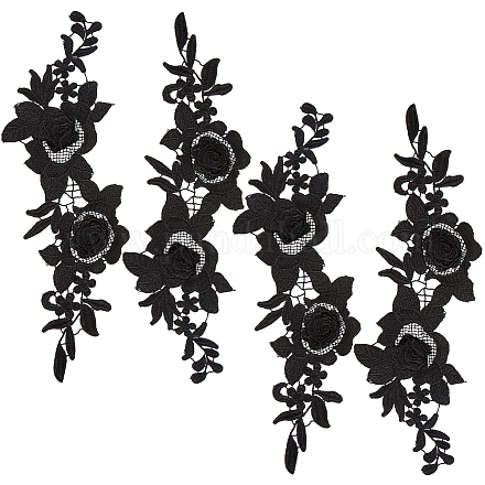 花の形のコンピュータ刺繍水溶性アップリケ  コスチュームドレスアクセサリー  ブラック  360x110x4mm  2個/セット FIND-WH0136-56-1