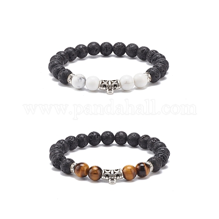 2Pcs 2 Style Natural Howlite & Tiger Eye & Lava Rock Stretch Bracelets Set with Alloy Tube BJEW-JB08474-1