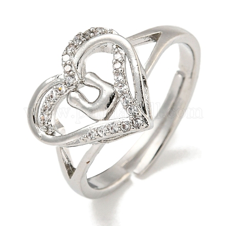 Регулируемые кольца из латуни с микро-паве в форме сердца и стойки для писем для женщин с прозрачным фианитом RJEW-I105-01P-U-1