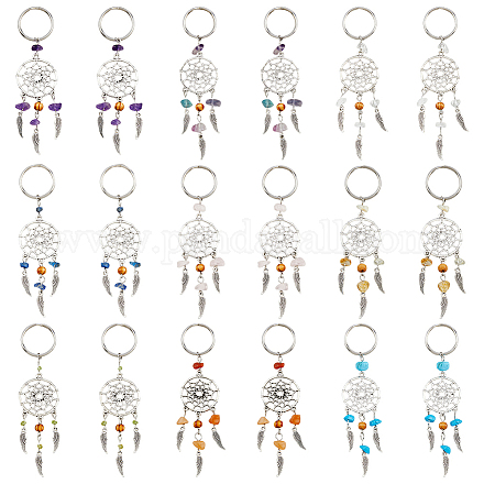 18 Stück 9 Farben gewebtes Netz/Gewebe mit Flügel-Schlüsselanhänger aus Legierung im tibetischen Stil KEYC-AB00028-1