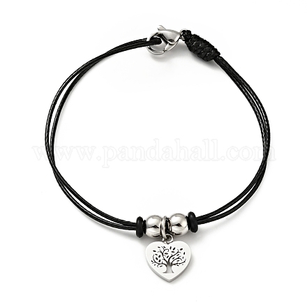 304 bracelet breloque cœur arbre de vie en acier inoxydable avec cordon ciré pour femme BJEW-A125-17-1