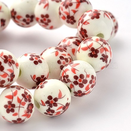 Flower Printed Round Handmade Porcelain Beads Strands PORC-M010-12mm-11-1
