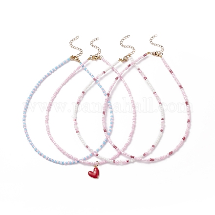4Pcs 4 Style Natural Rose Quartz & Glass Seed Beaded Necklaces Set NJEW-JN03953-1