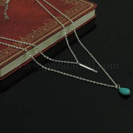 Water Drop Turquoise and Alloy Bar Pendant Two Tiered Necklaces NJEW-N0052-010-1