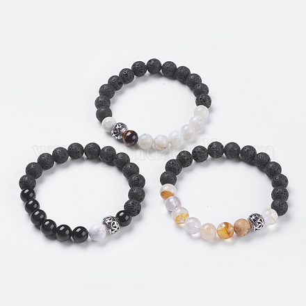 Natural Gemstone and Natural Lava Rock Beads Stretch Bracelets BJEW-JB03735-1