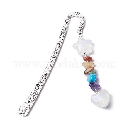Marque-page pendentif en perles de pierre précieuse chakra avec étoile et cœur en acrylique pailleté AJEW-JK00257-1