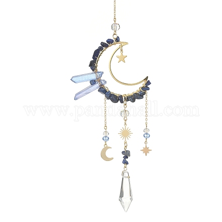 Natural Lapis Lazuli Chips & Brass Moon Pendant Decorations HJEW-TA00066-03-1