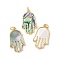 Brass Pave Natural Mixed Shell Hamsa Hand Pendants, with Jump Rings, Real 18K Gold Plated, Lead Free & Cadmium Free, Long-Lasting Plated, Rack Plating, 25x15x2mm, Hole: 3.5mm