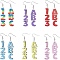 6 Sets 6 Colors Wood Dangle Earrings with Iron Pins, Letter & Number Asymmetrical Earrings, Mixed Color, 75x16mm, 1 Set/color
