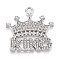 Alloy Rhinestone Pendants, Crown & Word KING, Cadmium Free & Lead Free, Platinum, 41x39.5x3.5mm, Hole: 3.5mm