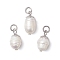 Natural Pearl Pendants, Rice Charms with 304 Stainless Steel Jump Rings, Floral White, Stainless Steel Color, 15~16x7~8mm, Hole: 3.4mm