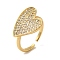Brass Micro Pave Cubic Zirconia Open Cuff Rings for Women, Long-Lasting Plated, Cadmium Free & Lead Free, Real 18K Gold Plated, Heart, 19.5x15mm