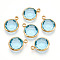 K9 Glass Charms, Flat Round, with Brass Findings, Faceted, Real 18K Gold Plated, Sky Blue, 13.5~14x10.5~11x3.5~4mm, Hole: 1.8mm