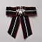 Bowknot Polyester Brooch, with Bee Alloy & Plastic Pearl & Rhinestone Findings, Black, 140x130x24mm