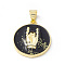 Rack Plating Brass Enamel Pendants, with Glitter Powder, Long-Lasting Plated, Real 18K Gold Plated, Flat Round with Rock Hand Gesture Charm, Black, 21.5x16.5x3.5mm, Hole: 4x3mm