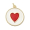 Brass Enamel Pendants, with Jump Ring, Flat Round with Heart Charm, Real 18K Gold Plated, Red, 21x18x1.5mm, Hole: 3.5mm