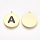 304ステンレス鋼ペンダント  エナメル  アルファベット付きフラットラウンド  ゴールドカラー  ブラック  文字.a  17x15x1.5mm  穴：1mm STAS-S107-34A-2