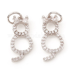 Adornos de latón micropavé de circonia cúbica, forma de gato, Claro, Platino real plateado, 15x7x2mm, agujero: 3.5 mm