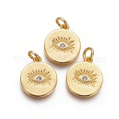Messing Anhänger & Charms, cadmiumfrei und bleifrei, mit Zirkonia und Biegeringen, flach rund mit bösen Blick, Transparent, golden, 15x13x1.5 mm, Bohrung: 3 mm
