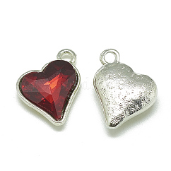 Pendentifs en verre d'alliage, facette, cœur, platine, rouge, 17x15x5mm, Trou: 1.5mm