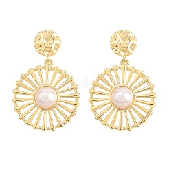 Orecchini pendenti rotondi piatti in ottone e ABS con perle finte&nbsp;EJEW-T051-04G