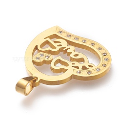 バレンタインデー 304 ステンレス ラインストーン ペンダント  心と言葉の心  ゴールドカラー  28.5x28x2mm  穴：6.5x4mm&nbsp;STAS-O138-04G
