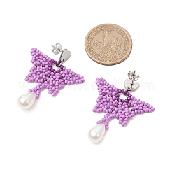 ガラスシードビーズの蝶のスタッドピアス  イミテーションパールのアクリルビーズと304ステンレススチールのハートスタッドピアス金具付き  プラチナ  暗紫色  45.5x37.5mm&nbsp;EJEW-MZ00351-02