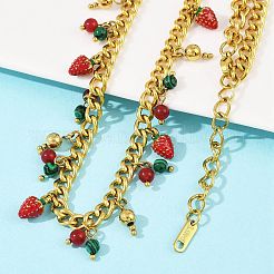 Круглые бусины из натурального сердолика и синтетического малахита с кисточкой из красной клубники NJEW-C092-03G