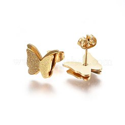 304ステンレススチールスタッドピアス  低刺激性のイヤリング  テクスチャ  蝶  ゴールドカラー  10x12x3.5mm  ピン：0.8mm&nbsp;X-EJEW-H367-19G