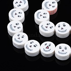 手作り樹脂粘土ビーズ連売り  ハロウィンスタイル  笑顔とフラットラウンド  ホワイト  9~10x4mm  穴：1.5mm  約40個/連  14.17インチ（36cm）&nbsp;X-CLAY-S096-038