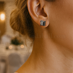 4 boucle d'oreille carrée en acier inoxydable bicolore&nbsp;EJEW-GO0003-14
