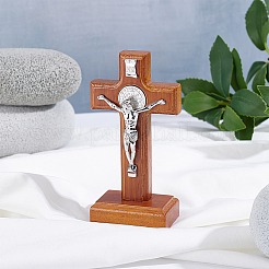 Figurines ornementales en forme de croix en bois et alliage&nbsp;DJEW-WH004-107B