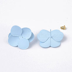スプレー塗装された鉄のスタッドのイヤリングのセッティング  ピアスバックキャッチ/イヤーナット付き  花  ライトスカイブルー  30x29~30x11mm  ピン：1mm&nbsp;IFIN-N004-01D