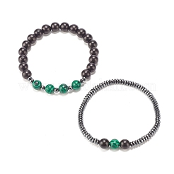2 pièces 2 style bois naturel et synthétique hématite et malachite ensemble de bracelets extensibles perlés&nbsp;BJEW-JB07948-01