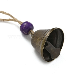 鉄の鐘の吊り飾り  家のドアの壁の装飾用の木製の丸いビーズとジュートコード  パープル  100mm&nbsp;HJEW-JM02417-05