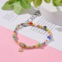 Женский эластичный браслет из стеклянных бусин seed & millefiori с латунными подвесками в виде звезд&nbsp;BJEW-JB09355