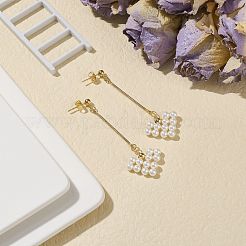 シェルパール編み込みハートダングルスタッドピアス  女性用金メッキ真鍮ロングドロップ  ゴールドカラー  66mm  ピン：0.7mm&nbsp;EJEW-JE05016