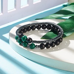 2 pièces 2 style bois naturel et synthétique hématite et malachite ensemble de bracelets extensibles perlés&nbsp;BJEW-JB07948-01