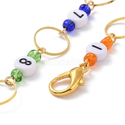 合金エナメルレインボーチャーム編み列カウンターチェーン  アクリルナンバー＆グラスシードビーズ編み列カウンターチェーン  ゴールドカラー  350mm&nbsp;HJEW-JM00826