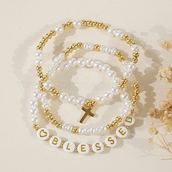 3 шт. Набор многорядных браслетов из искусственного жемчуга с буквой и металлическим крестом&nbsp;NP1361