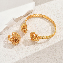 Элегантный комплект из латунного кольца-манжеты и браслета с цветком для женщин YN2787