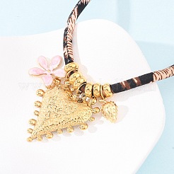 Женские ожерелья из полиэстерового шнура с леопардовым принтом и подвеской в виде розового цветка в форме сердца из нержавеющей стали 304 NJEW-F352-04G