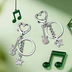 4 шт. 2-цветный сплав гитары со стразами и акриловой звездой брелок-подвеска&nbsp;KEYC-HY0001-33