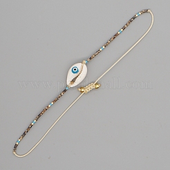 調節可能なナイロン コード編みミユキ シード ビーズ ブレスレット  ナザールボンジュウの殻  貝殻色  11インチ（28cm）&nbsp;BJEW-A121-49