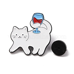エナメルピン  バックパックや衣類用の黒色合金製ラペルピンバック  赤ワインを飲みながら歩く猫  ホワイト  30x28.5mm&nbsp;JEWB-B047-02B